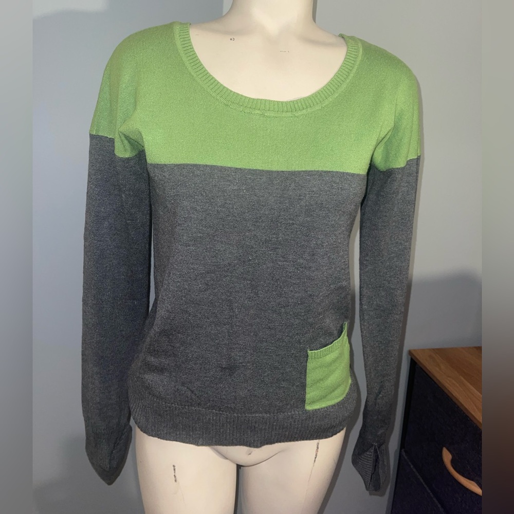 Wet Seal Lime Green and Charcoal Sweater scoop neck with pocket Y2K large